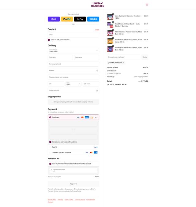 Llama Naturals checkout page showing Llama Naturals discount code box | Screenshot taken by SimplyCodes community member on Aug 30, 2025