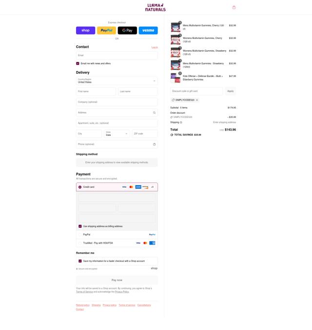 Llama Naturals checkout page showing Llama Naturals discount code box | Screenshot taken by SimplyCodes community member on Sep 7, 2025