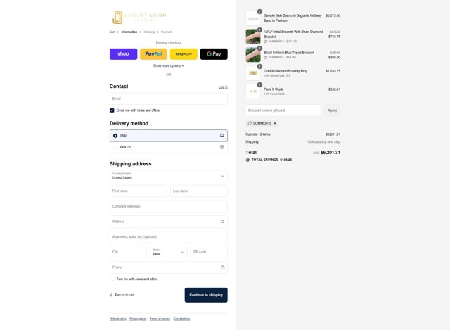Lindsey Leigh Jewelry checkout page showing Lindsey Leigh Jewelry discount code box | Screenshot taken by SimplyCodes community member on Sep 4, 2025
