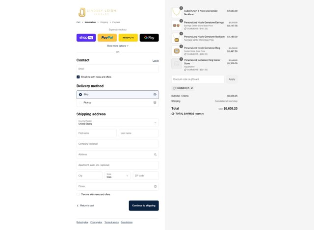 Lindsey Leigh Jewelry checkout page showing Lindsey Leigh Jewelry discount code box | Screenshot taken by SimplyCodes community member on Aug 22, 2025