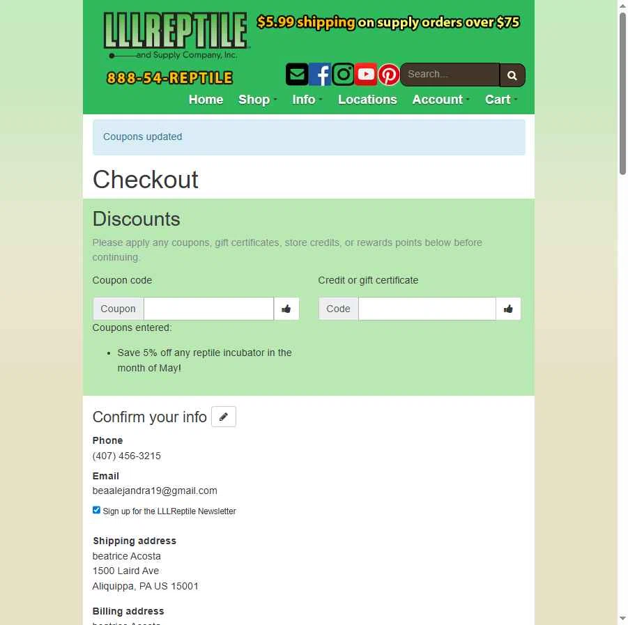 LLLReptile checkout page showing LLLReptile promo code box | Screenshot taken by SimplyCodes community member on Dec 27, 2025