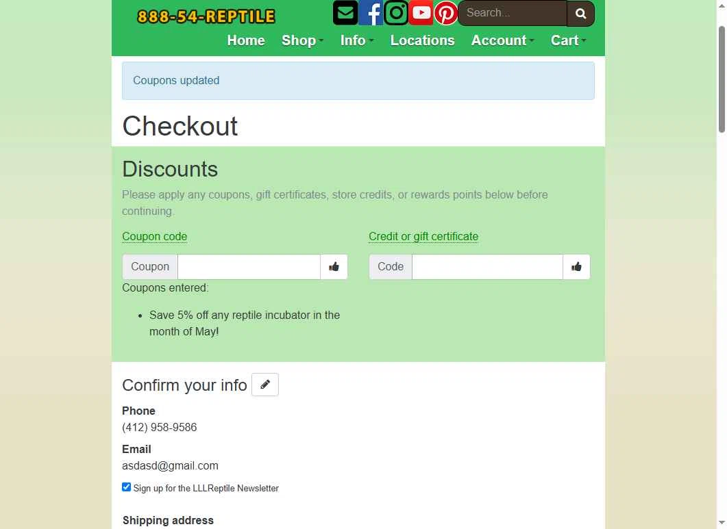 LLLReptile checkout page showing LLLReptile promo code box | Screenshot taken by SimplyCodes community member on Jun 19, 2025