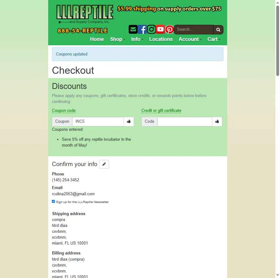 LLLReptile checkout page showing LLLReptile promo code box | Screenshot taken by SimplyCodes community member on Jun 19, 2025