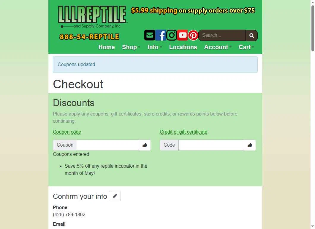 LLLReptile checkout page showing LLLReptile promo code box | Screenshot taken by SimplyCodes community member on Jun 19, 2025