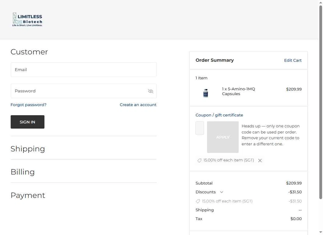 Limitless Life Nootropics checkout page showing Limitless Life Nootropics discount code box | Screenshot taken by SimplyCodes community member on Jan 29, 2026