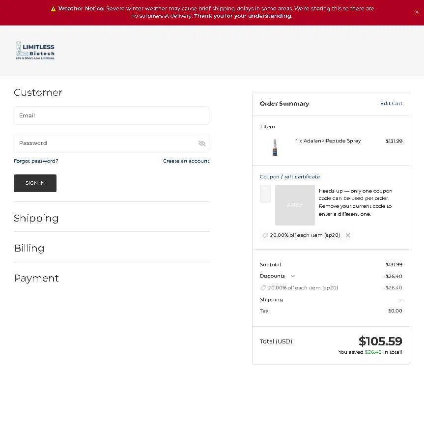 Limitless Life Nootropics checkout page showing Limitless Life Nootropics discount code box | Screenshot taken by SimplyCodes community member on Jan 31, 2026