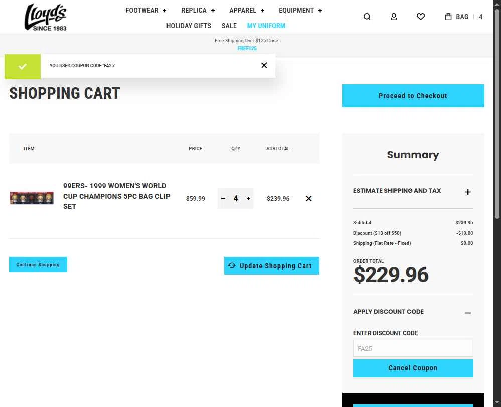 Lloyds Soccer Storefront checkout page showing Lloyds Soccer Storefront promo code box | Screenshot taken by SimplyCodes community member on Oct 25, 2025