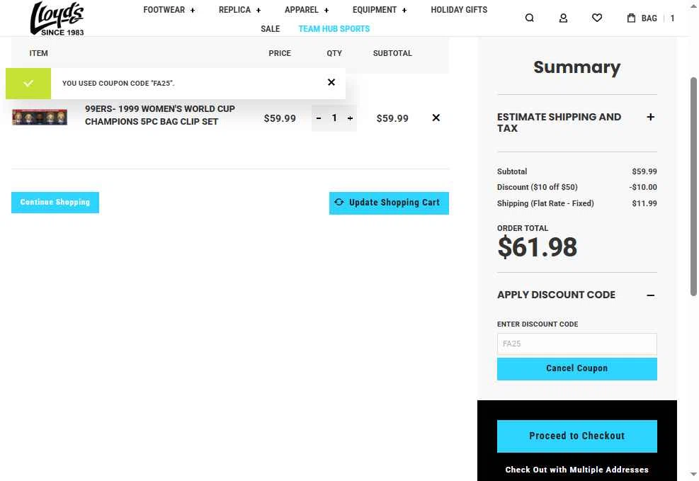 Lloyds Soccer Storefront checkout page showing Lloyds Soccer Storefront promo code box | Screenshot taken by SimplyCodes community member on Dec 31, 2025