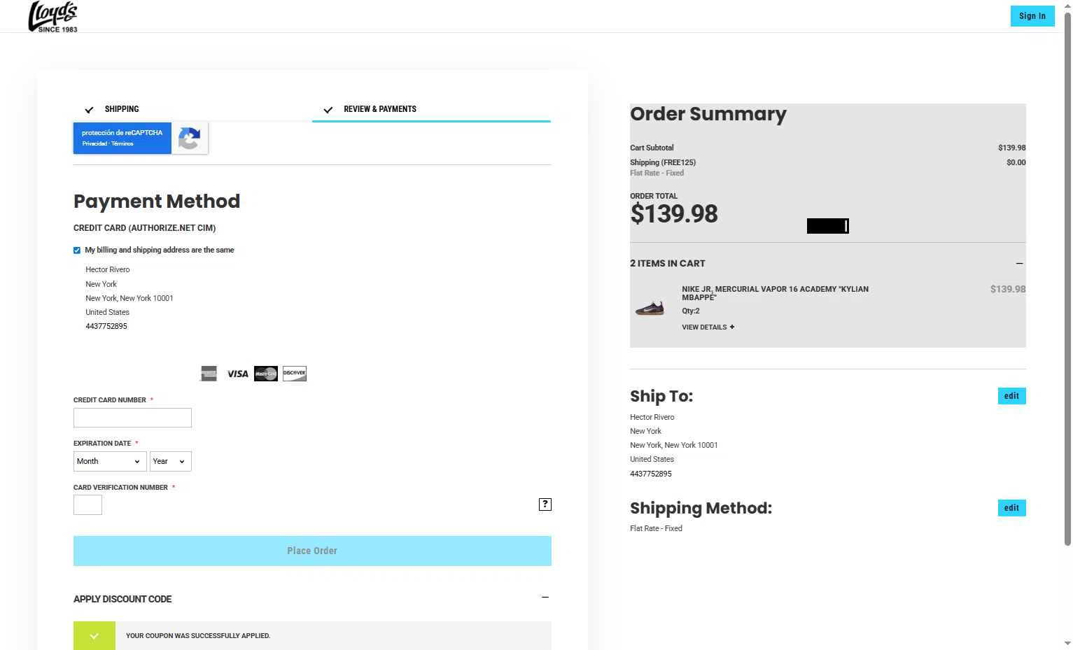 Lloyds Soccer Storefront checkout page showing Lloyds Soccer Storefront promo code box | Screenshot taken by SimplyCodes community member on Sep 28, 2025