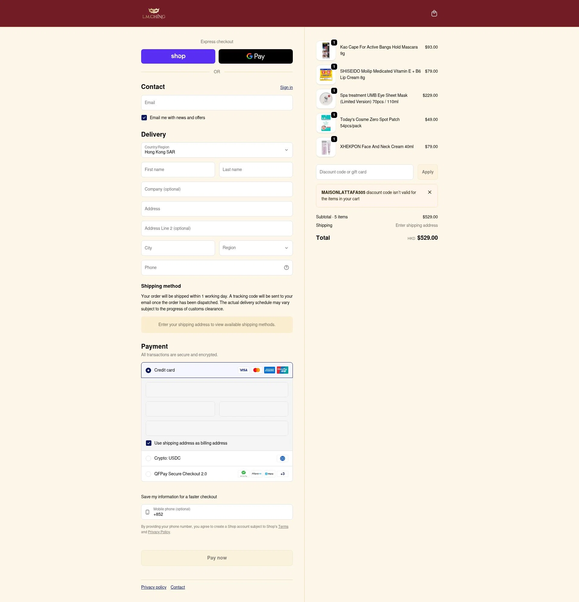LMCHING checkout page showing LMCHING discount code box | Screenshot taken by SimplyCodes community member on Feb 7, 2026