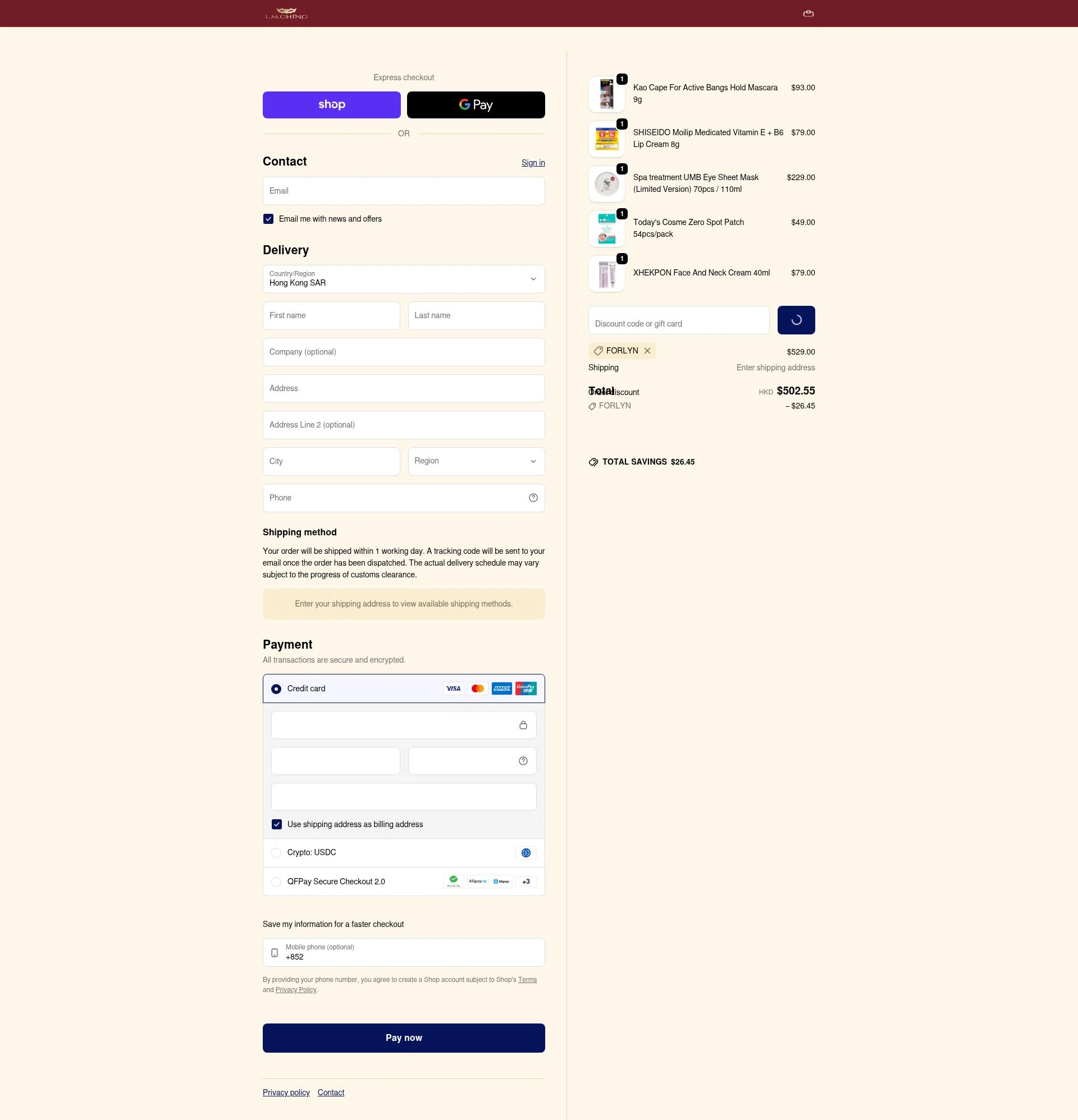 LMCHING checkout page showing LMCHING discount code box | Screenshot taken by SimplyCodes community member on Feb 7, 2026