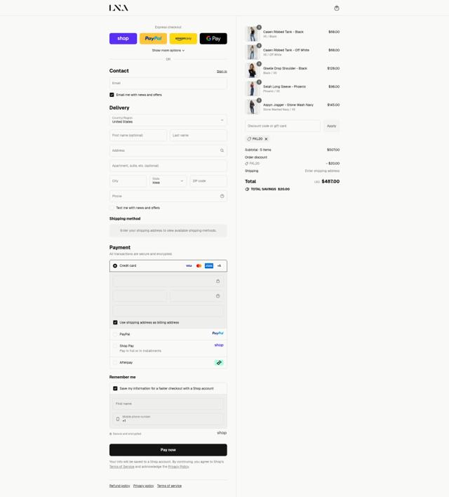 LNA Clothing checkout page showing LNA Clothing coupon code box | Screenshot taken by SimplyCodes community member on Sep 12, 2025
