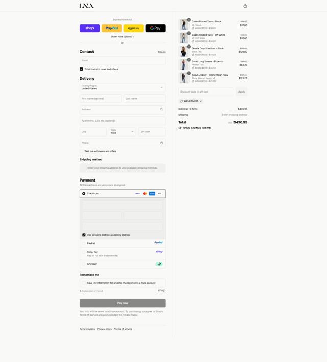 LNA Clothing checkout page showing LNA Clothing coupon code box | Screenshot taken by SimplyCodes community member on Sep 12, 2025