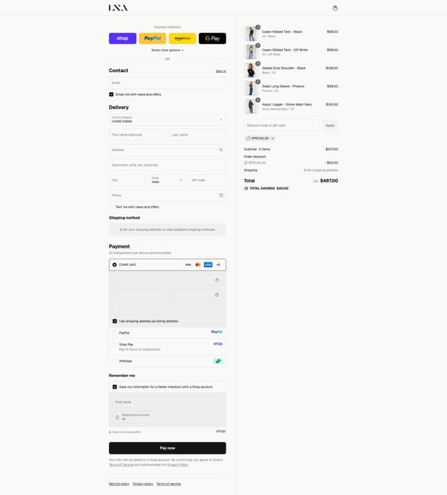 LNA Clothing checkout page showing LNA Clothing coupon code box | Screenshot taken by SimplyCodes community member on Sep 12, 2025