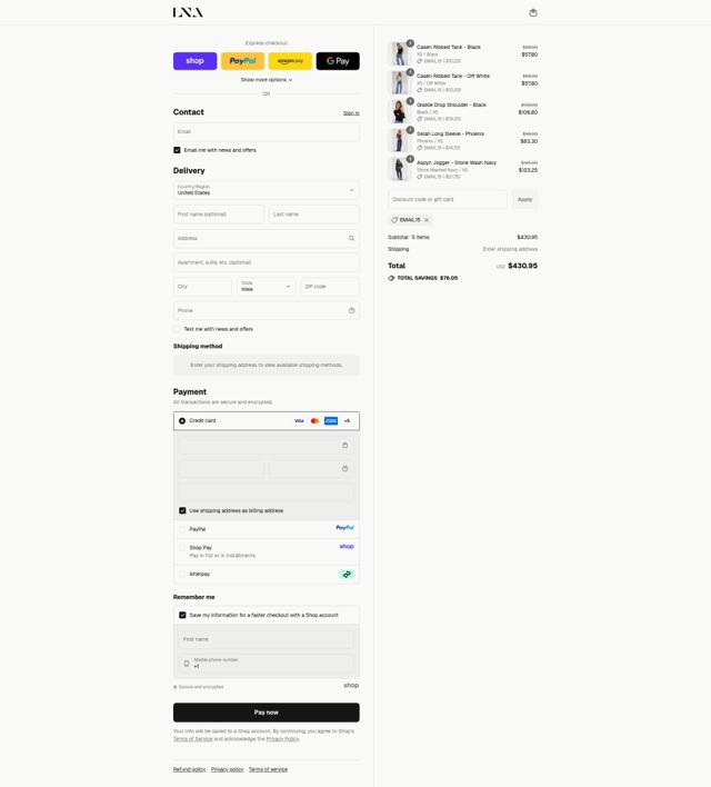 LNA Clothing checkout page showing LNA Clothing coupon code box | Screenshot taken by SimplyCodes community member on Sep 12, 2025