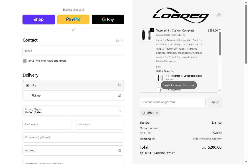 Loaded Boards checkout page showing Loaded Boards promo code box | Screenshot taken by SimplyCodes community member on Dec 15, 2025