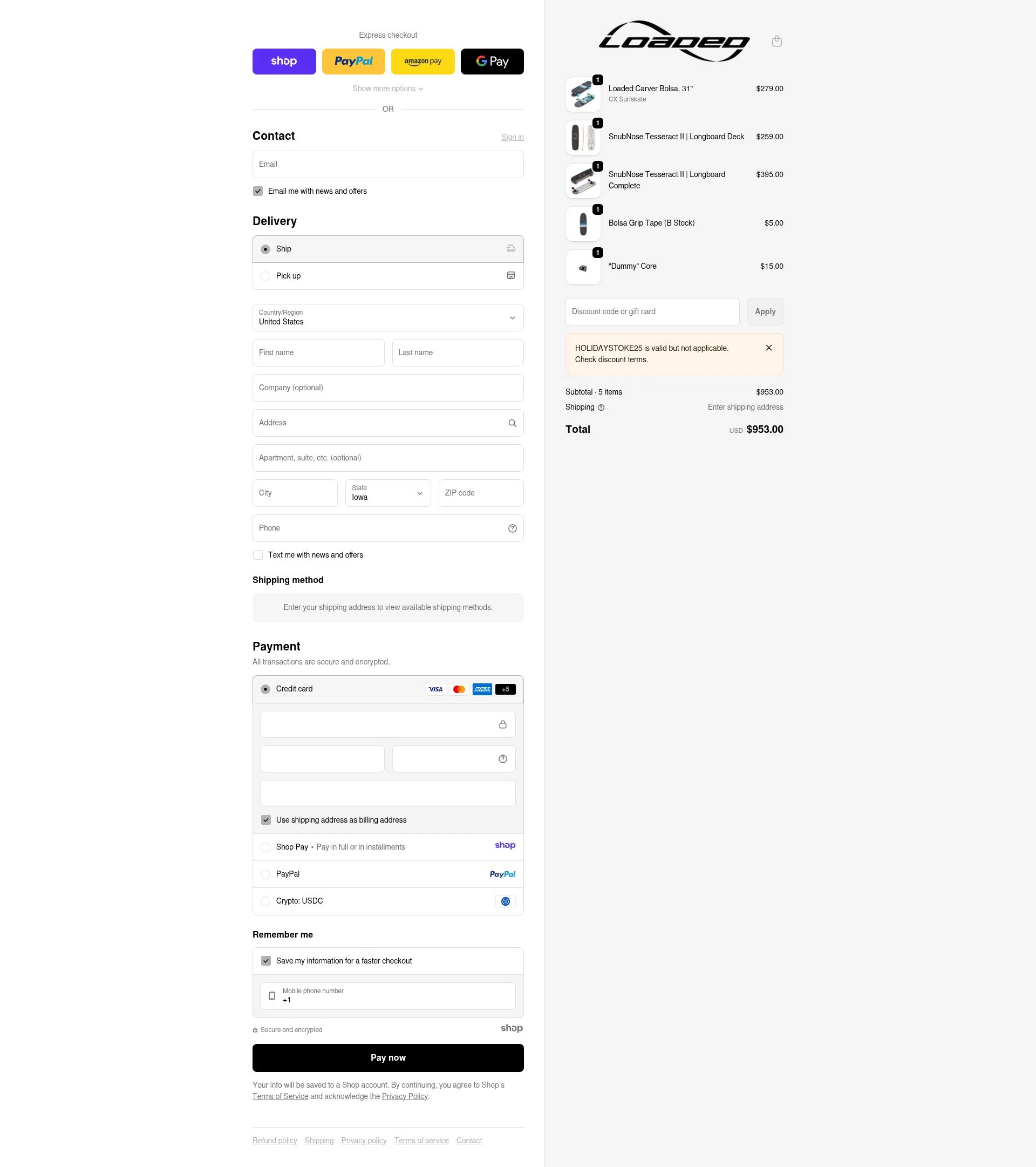 Loaded Boards checkout page showing Loaded Boards promo code box | Screenshot taken by SimplyCodes community member on Jan 6, 2026