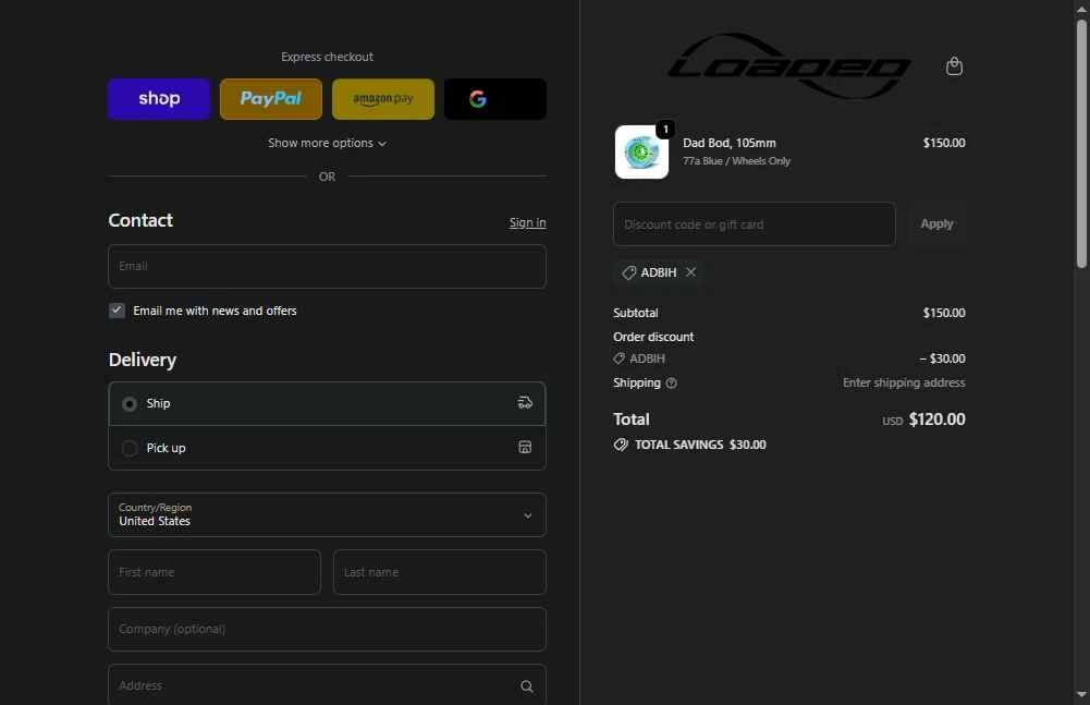 Loaded Boards checkout page showing Loaded Boards promo code box | Screenshot taken by SimplyCodes community member on Dec 19, 2025