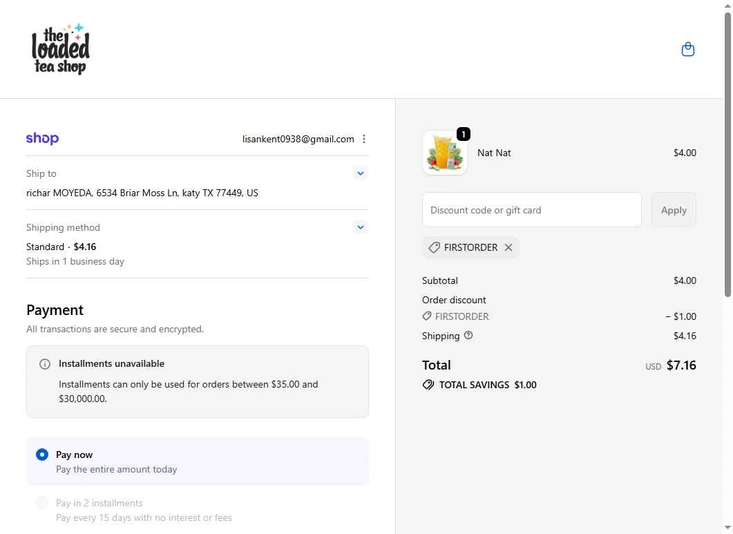 The Loaded Tea Shop checkout page showing The Loaded Tea Shop promo code box | Screenshot taken by SimplyCodes community member on Jan 18, 2026
