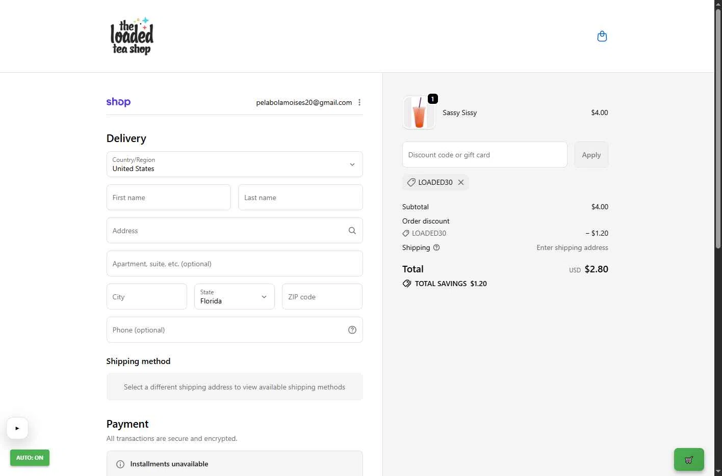 The Loaded Tea Shop checkout page showing The Loaded Tea Shop promo code box | Screenshot taken by SimplyCodes community member on Jan 15, 2026