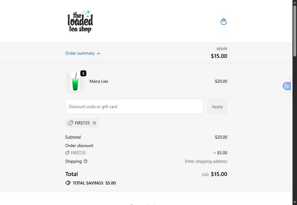The Loaded Tea Shop checkout page showing The Loaded Tea Shop promo code box | Screenshot taken by SimplyCodes community member on Dec 29, 2025
