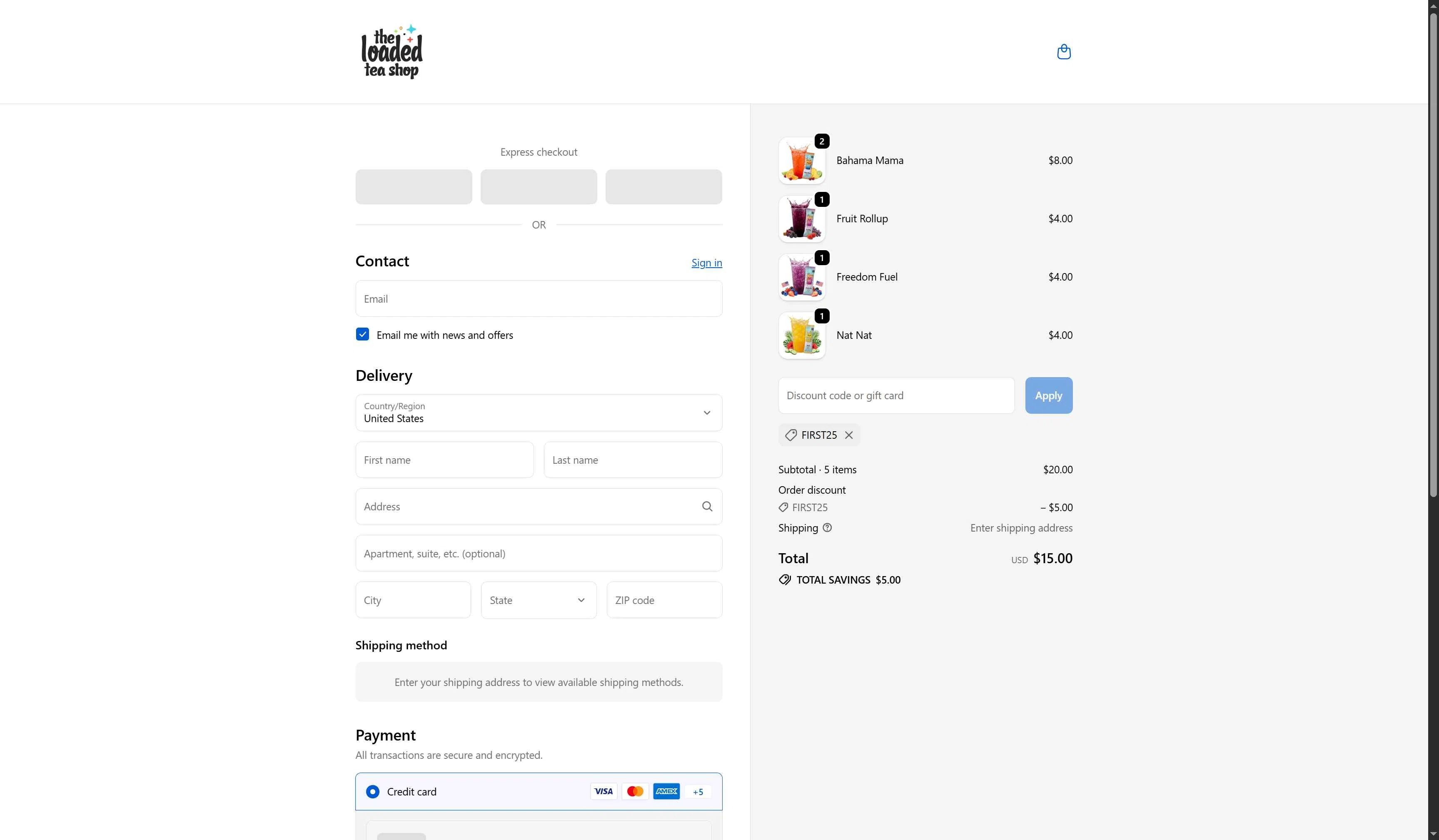The Loaded Tea Shop checkout page showing The Loaded Tea Shop promo code box | Screenshot taken by SimplyCodes community member on Jan 27, 2026