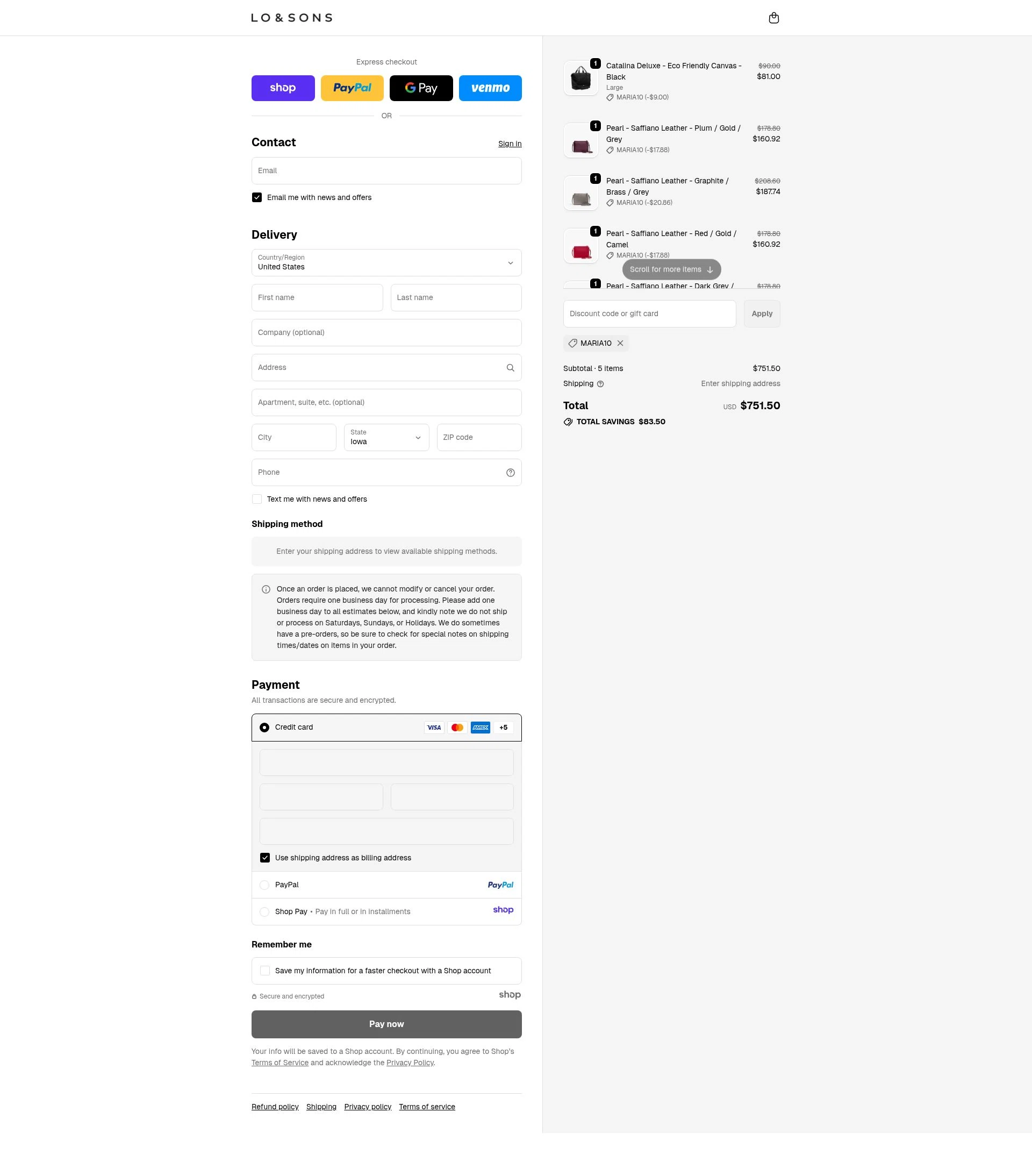 Lo & Sons checkout page showing Lo & Sons coupon code box | Screenshot taken by SimplyCodes community member on Nov 15, 2025