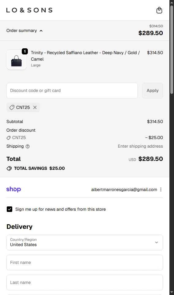 Lo & Sons checkout page showing Lo & Sons coupon code box | Screenshot taken by SimplyCodes community member on Nov 15, 2025