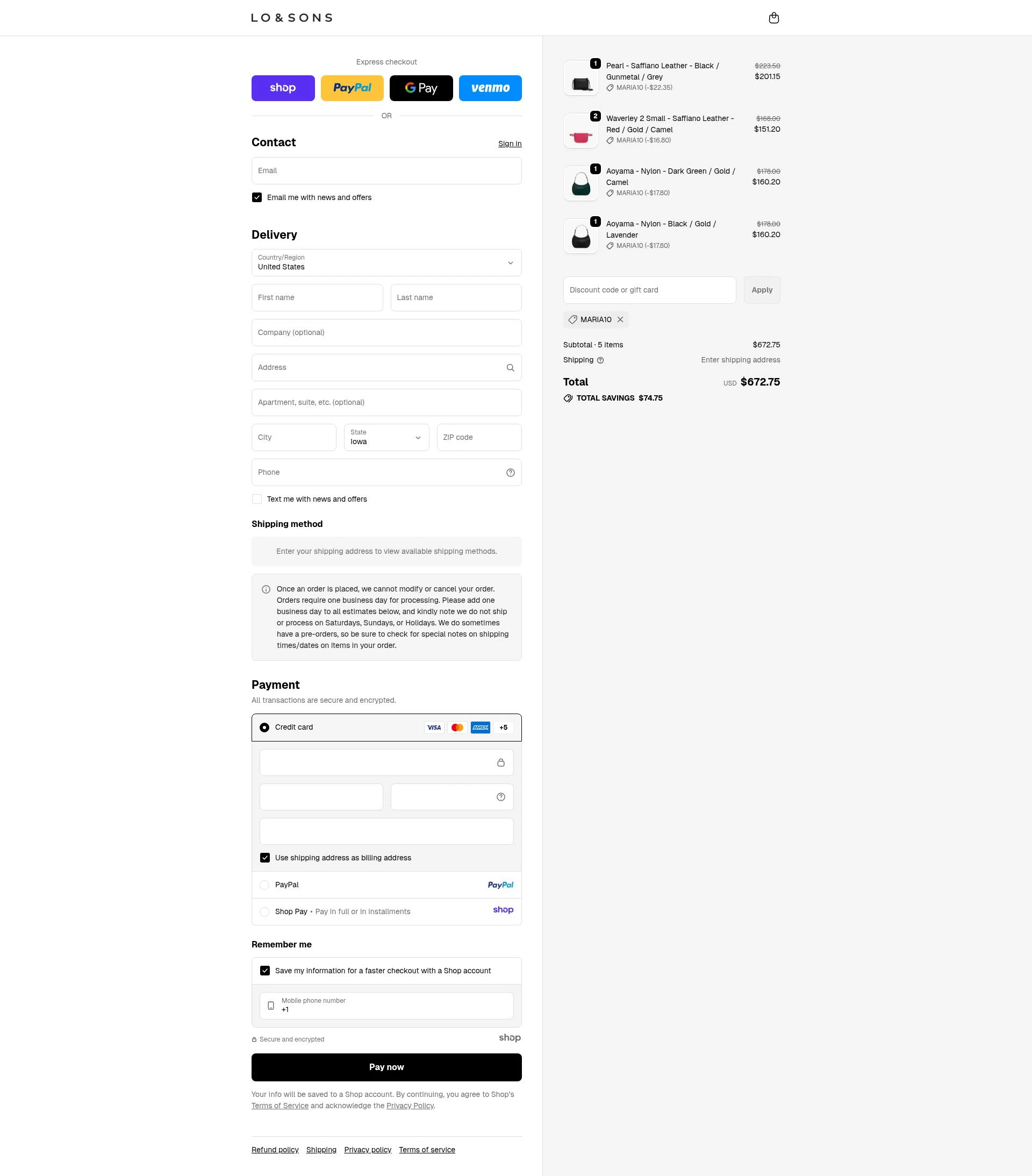 Lo & Sons checkout page showing Lo & Sons coupon code box | Screenshot taken by SimplyCodes community member on Dec 6, 2025