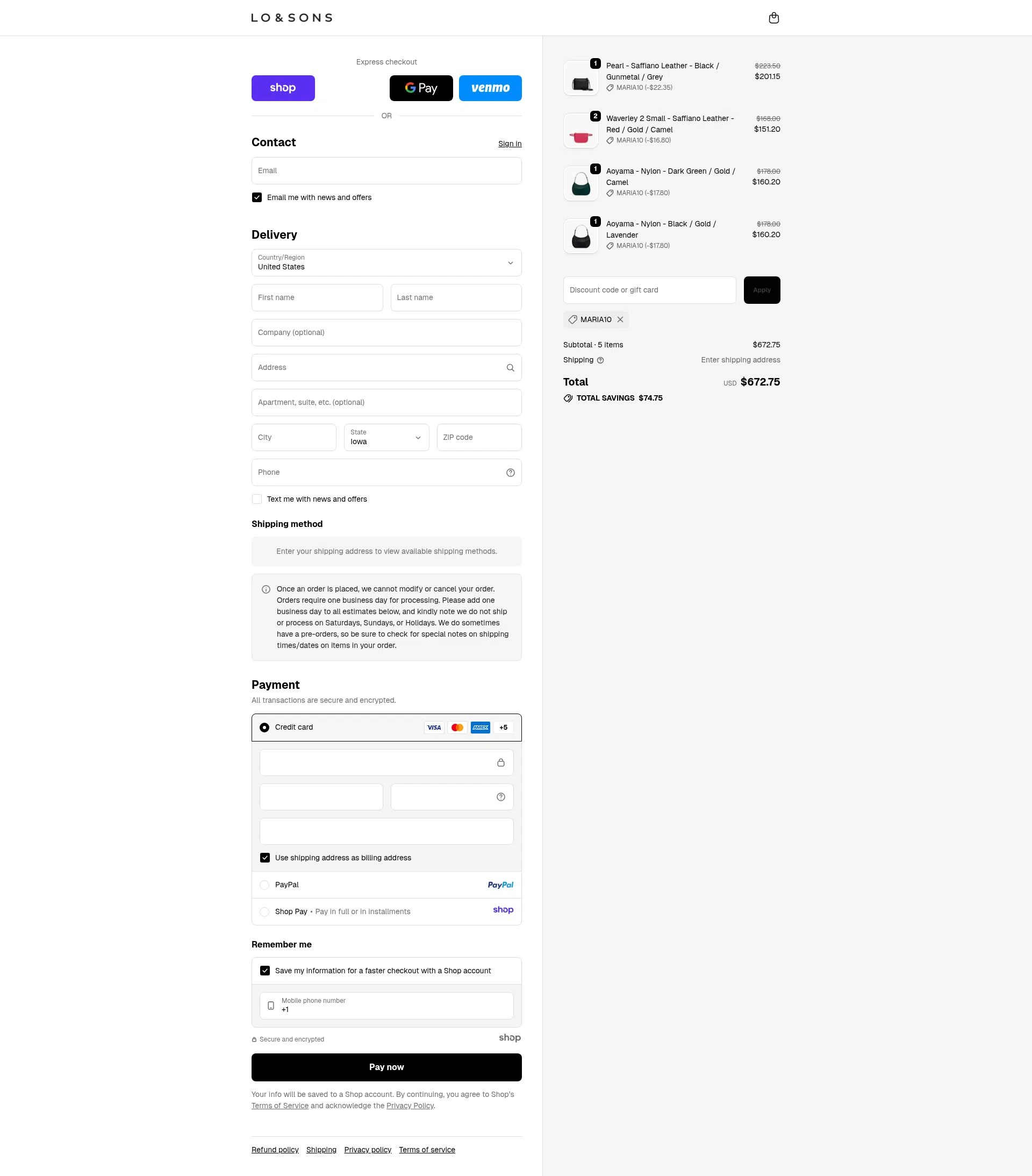 Lo & Sons checkout page showing Lo & Sons coupon code box | Screenshot taken by SimplyCodes community member on Nov 25, 2025