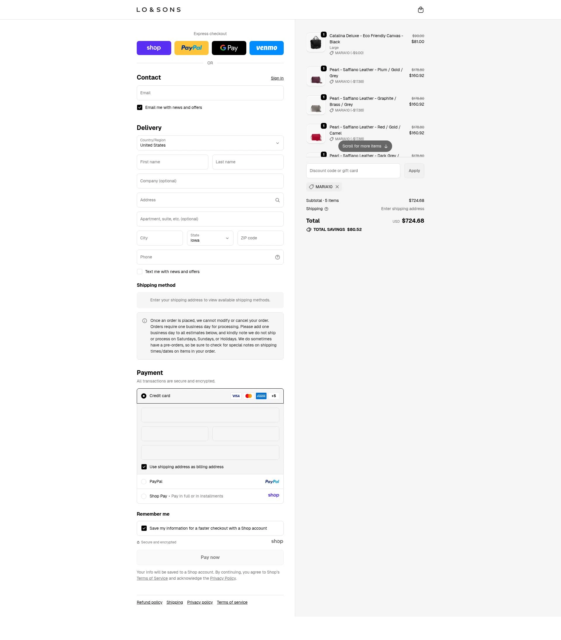 Lo & Sons checkout page showing Lo & Sons coupon code box | Screenshot taken by SimplyCodes community member on Nov 20, 2025