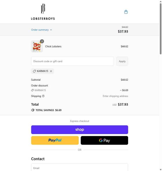 Lobster Boys checkout page showing Lobster Boys promo code box | Screenshot taken by SimplyCodes community member on Sep 13, 2025