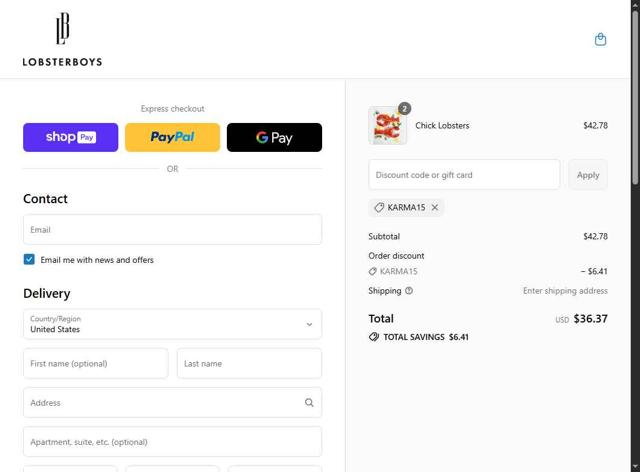 Lobster Boys checkout page showing Lobster Boys promo code box | Screenshot taken by SimplyCodes community member on Aug 15, 2025