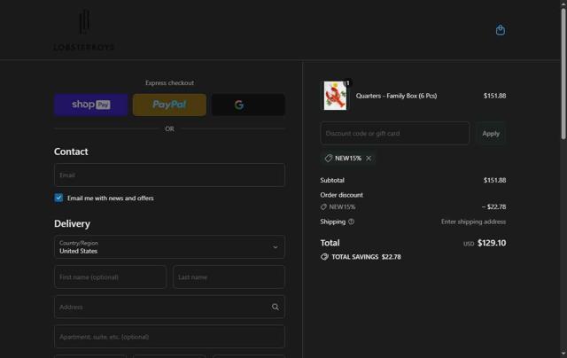 Lobster Boys checkout page showing Lobster Boys promo code box | Screenshot taken by SimplyCodes community member on Jul 31, 2025