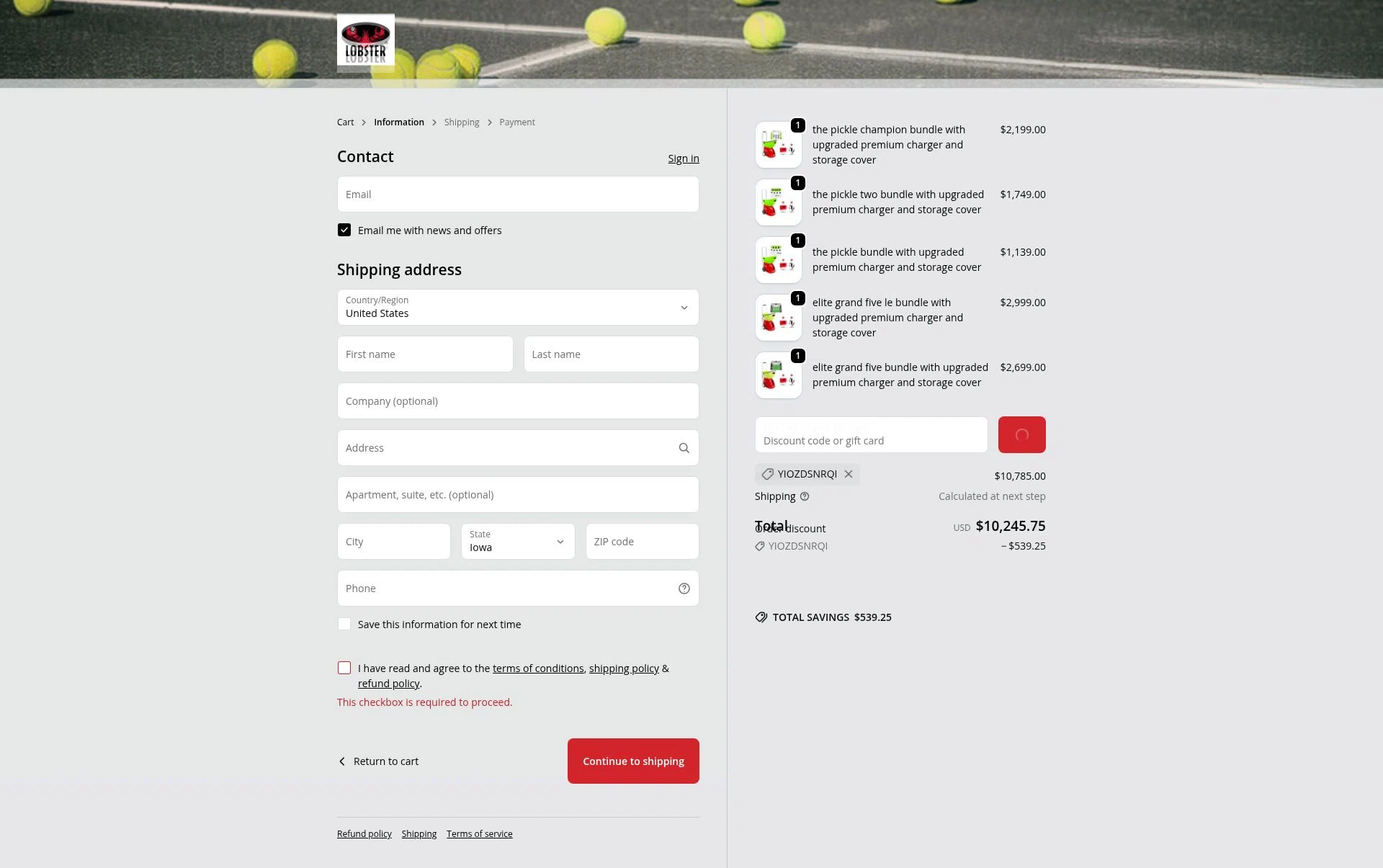 Lobster Sports checkout page showing Lobster Sports discount code box | Screenshot taken by SimplyCodes community member on Feb 14, 2026
