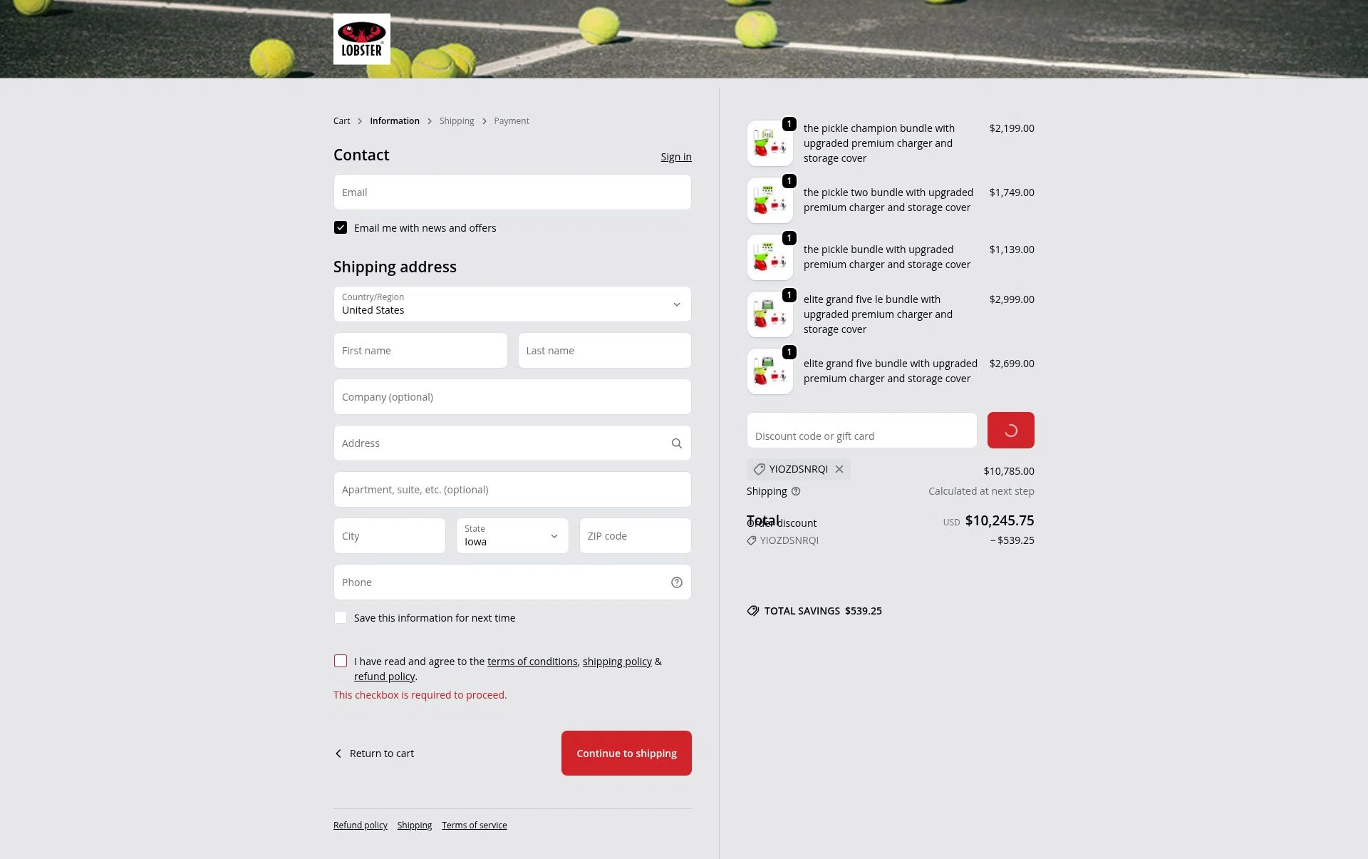 Lobster Sports checkout page showing Lobster Sports discount code box | Screenshot taken by SimplyCodes community member on Feb 9, 2026
