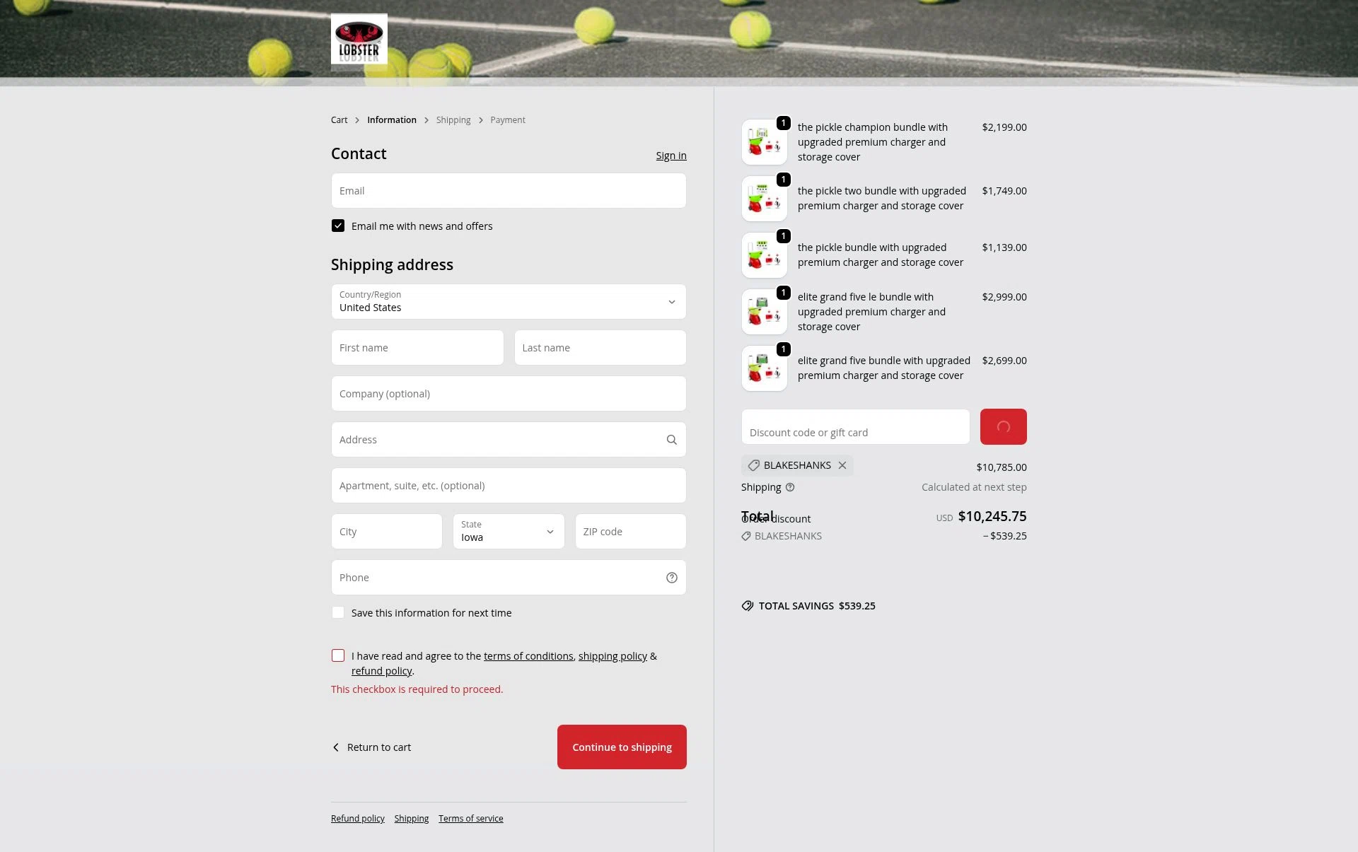 Lobster Sports checkout page showing Lobster Sports discount code box | Screenshot taken by SimplyCodes community member on Feb 14, 2026