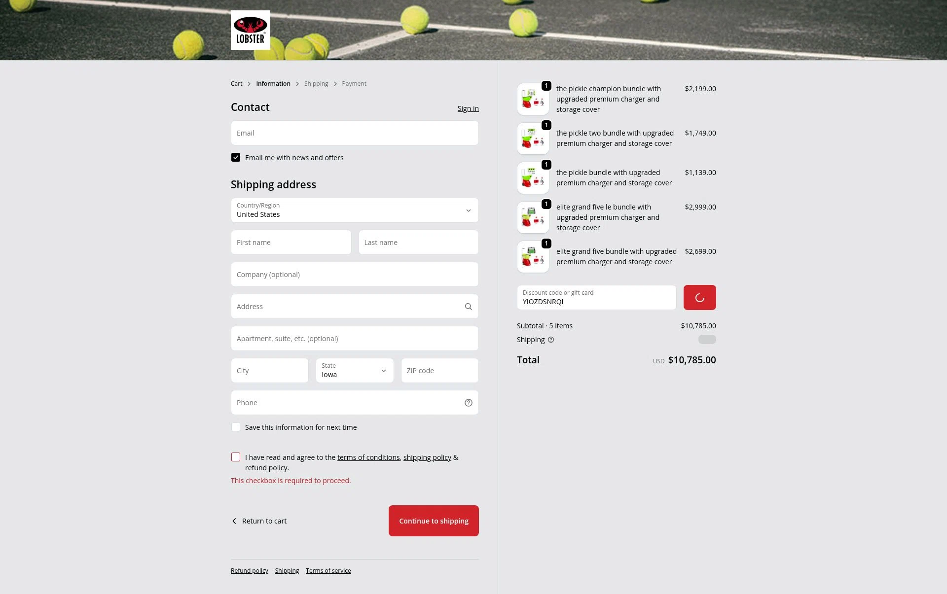 Lobster Sports checkout page showing Lobster Sports discount code box | Screenshot taken by SimplyCodes community member on Feb 18, 2026
