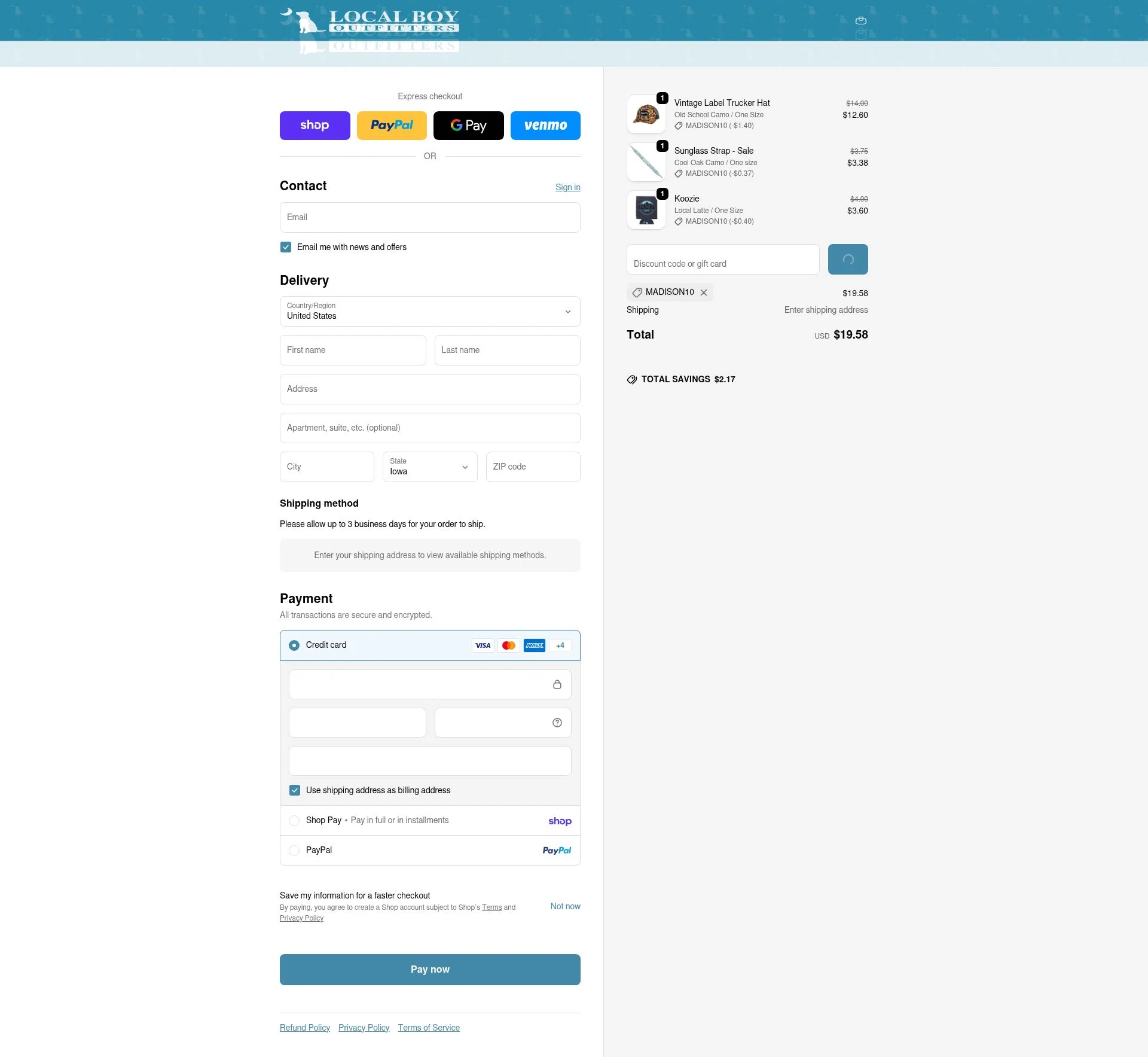 Local Boy Outfitters checkout page showing Local Boy Outfitters discount code box | Screenshot taken by SimplyCodes community member on Feb 15, 2026