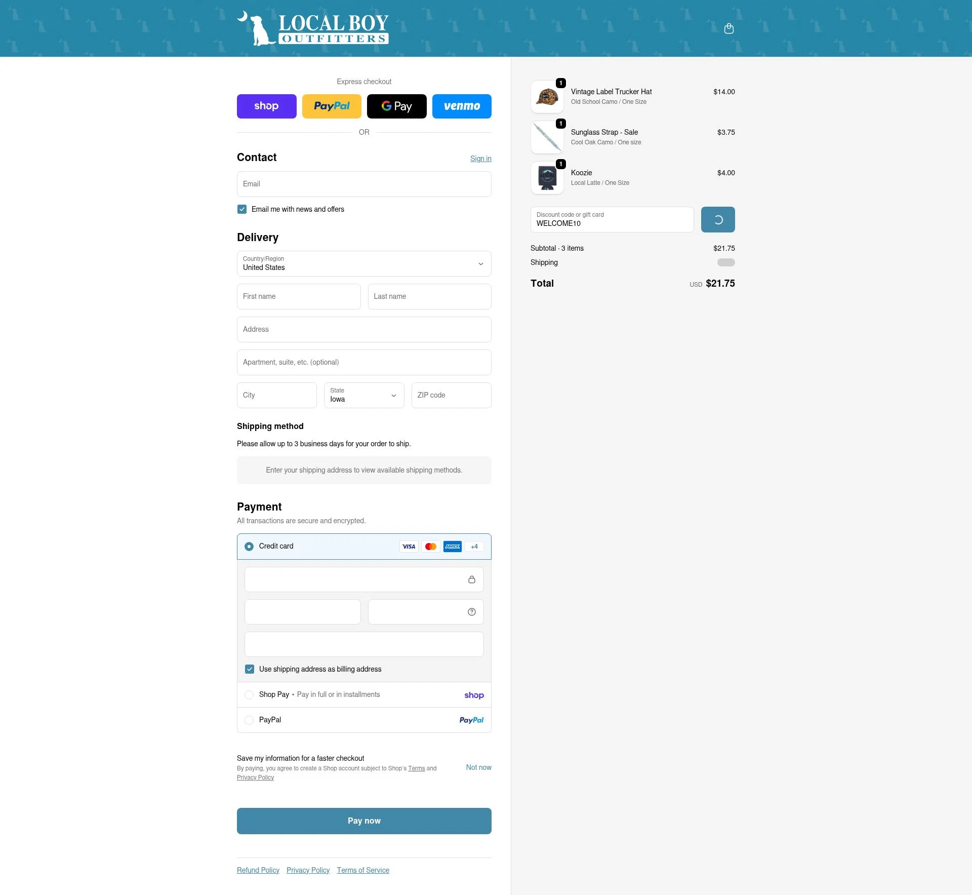 Local Boy Outfitters checkout page showing Local Boy Outfitters discount code box | Screenshot taken by SimplyCodes community member on Feb 15, 2026