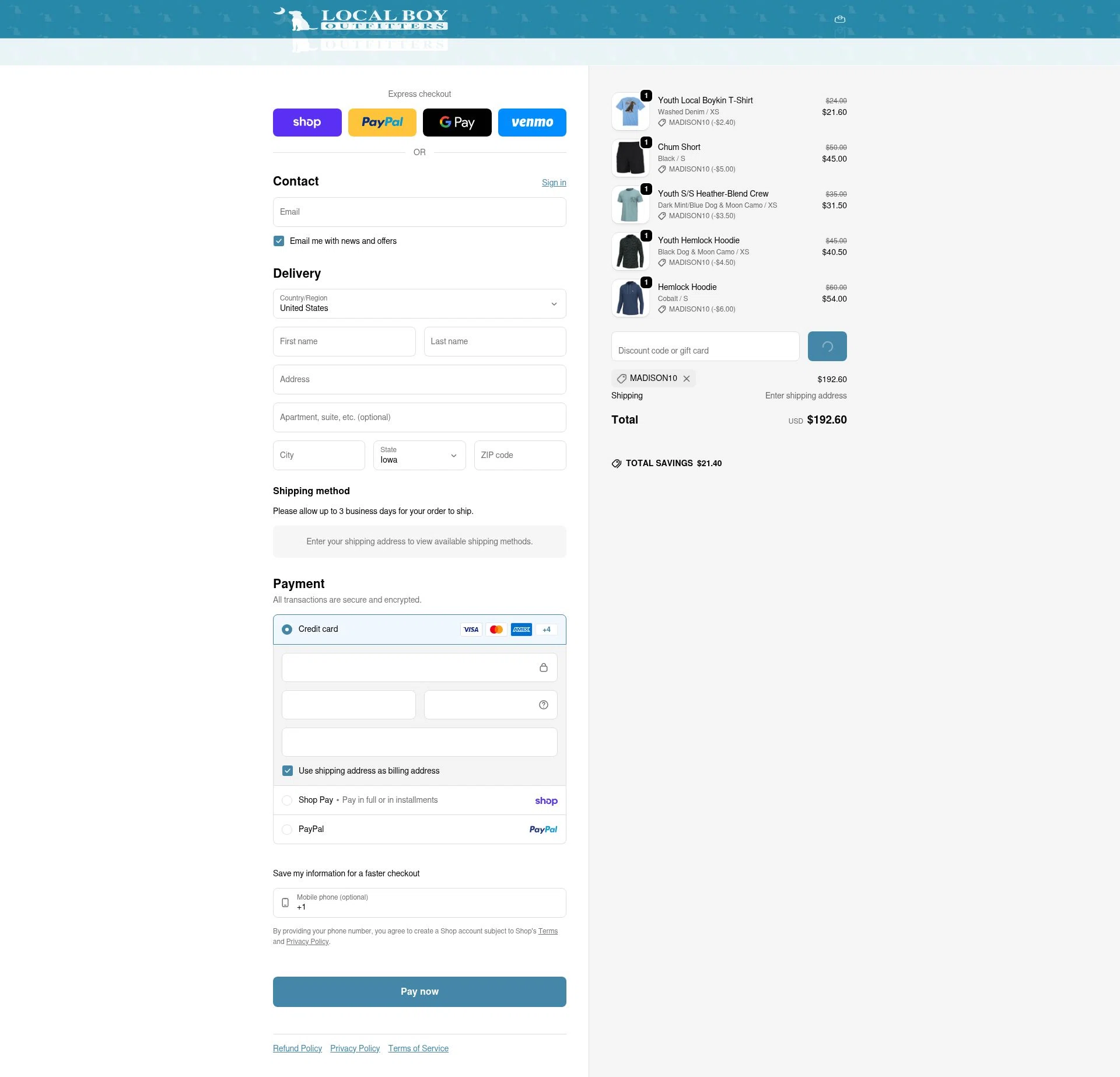 Local Boy Outfitters checkout page showing Local Boy Outfitters discount code box | Screenshot taken by SimplyCodes community member on Feb 18, 2026