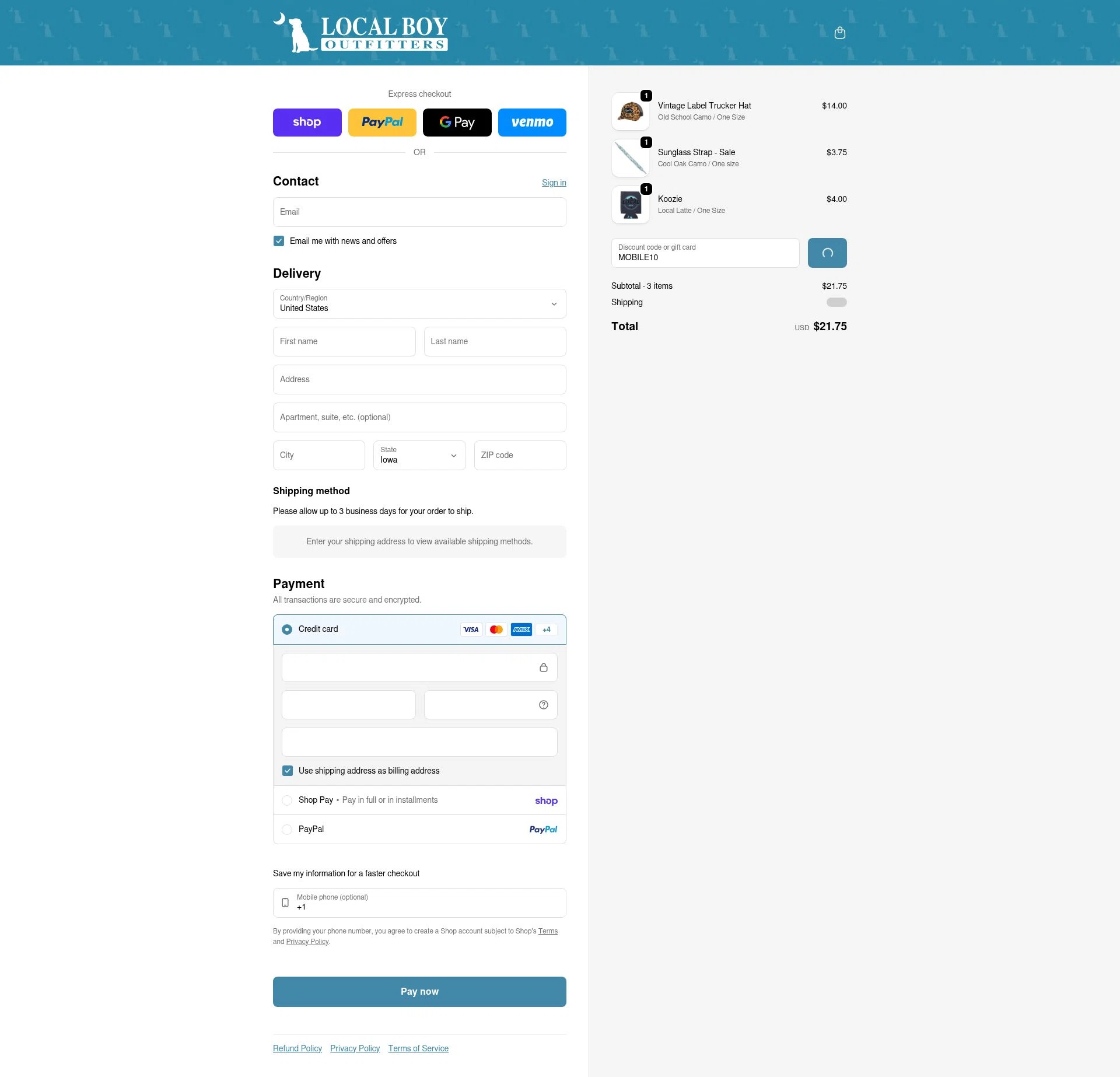 Local Boy Outfitters checkout page showing Local Boy Outfitters discount code box | Screenshot taken by SimplyCodes community member on Feb 10, 2026