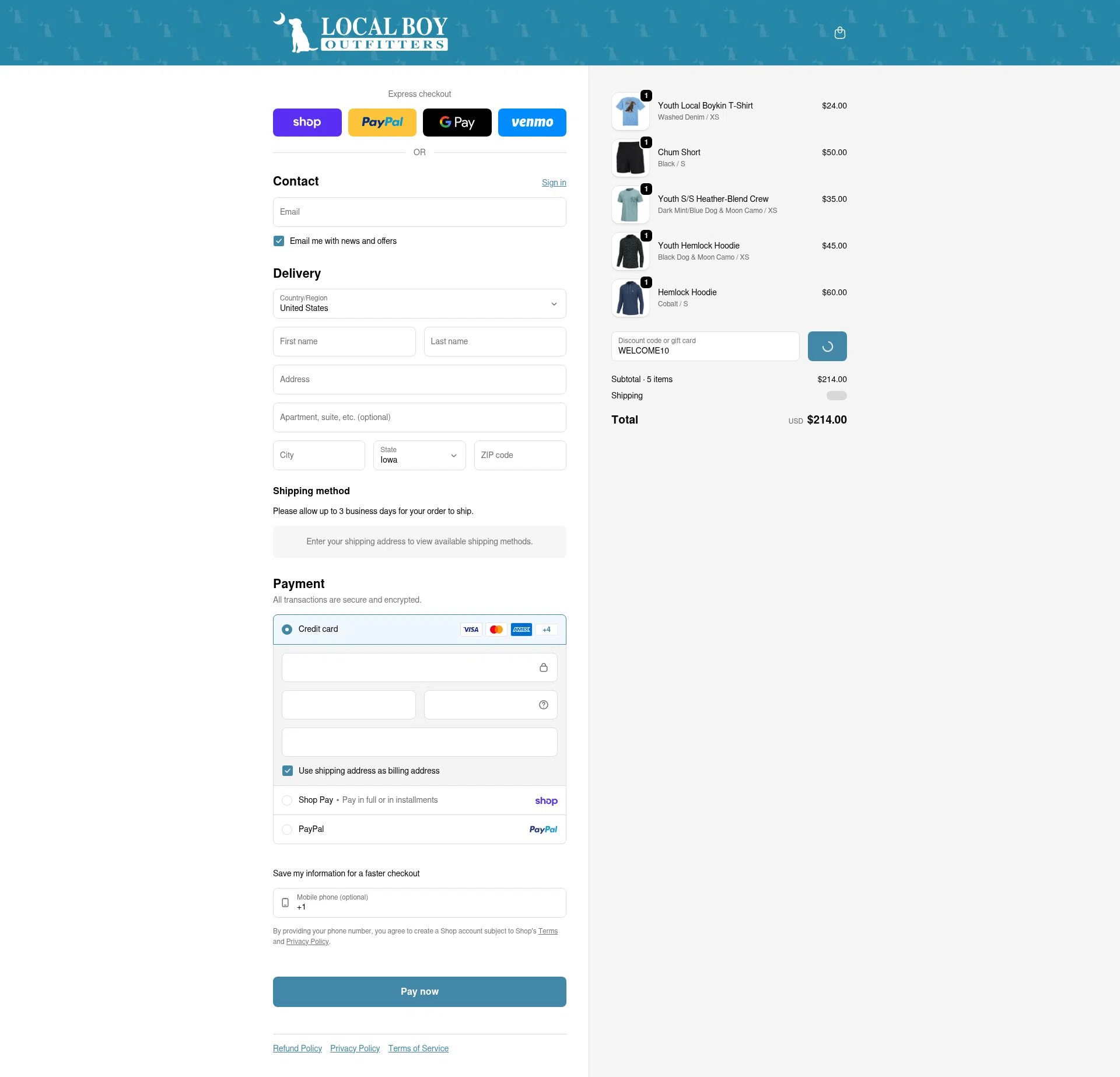 Local Boy Outfitters checkout page showing Local Boy Outfitters discount code box | Screenshot taken by SimplyCodes community member on Feb 19, 2026