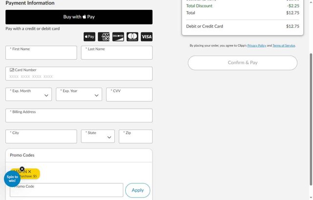 Clipp.com checkout page showing Clipp.com promo code box | Screenshot taken by SimplyCodes community member on Sep 3, 2025