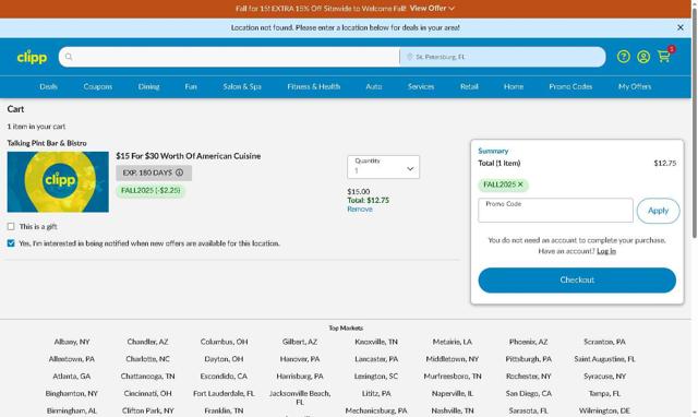 Clipp.com checkout page showing Clipp.com promo code box | Screenshot taken by SimplyCodes community member on Sep 22, 2025