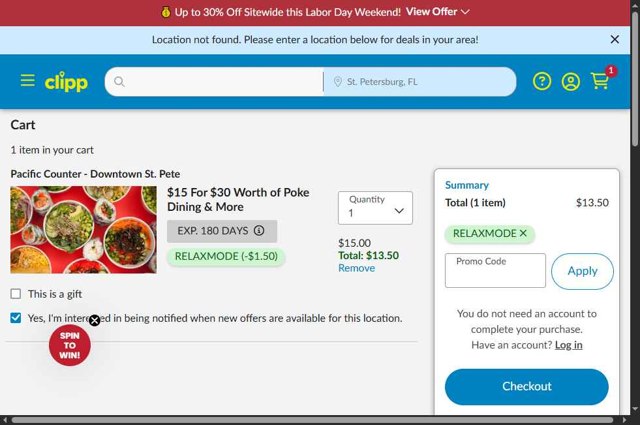 Clipp.com checkout page showing Clipp.com promo code box | Screenshot taken by SimplyCodes community member on Sep 1, 2025