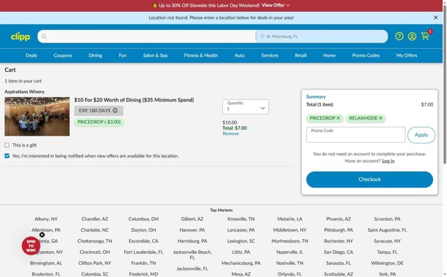 Clipp.com checkout page showing Clipp.com promo code box | Screenshot taken by SimplyCodes community member on Sep 1, 2025