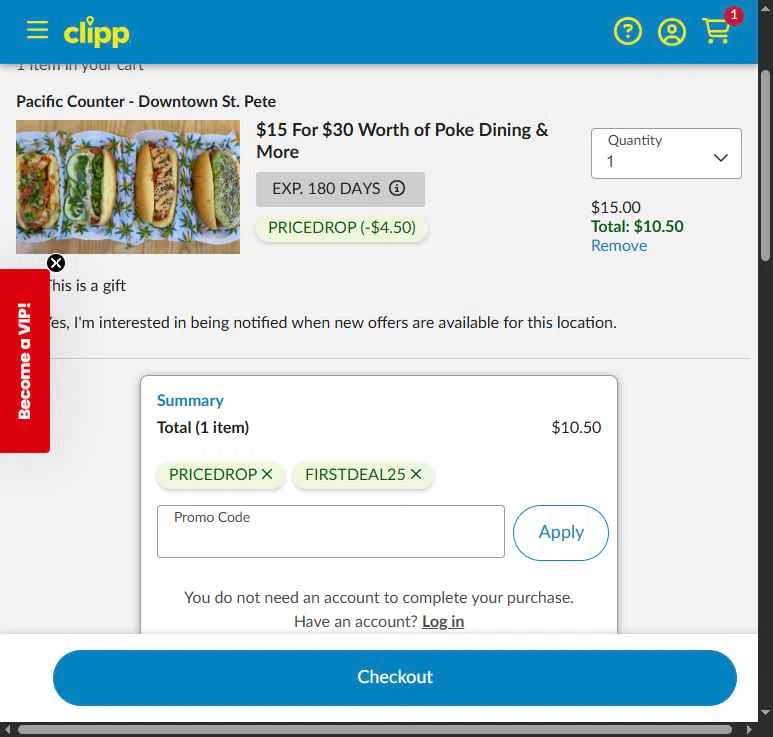 Clipp.com checkout page showing Clipp.com promo code box | Screenshot taken by SimplyCodes community member on Jan 29, 2026