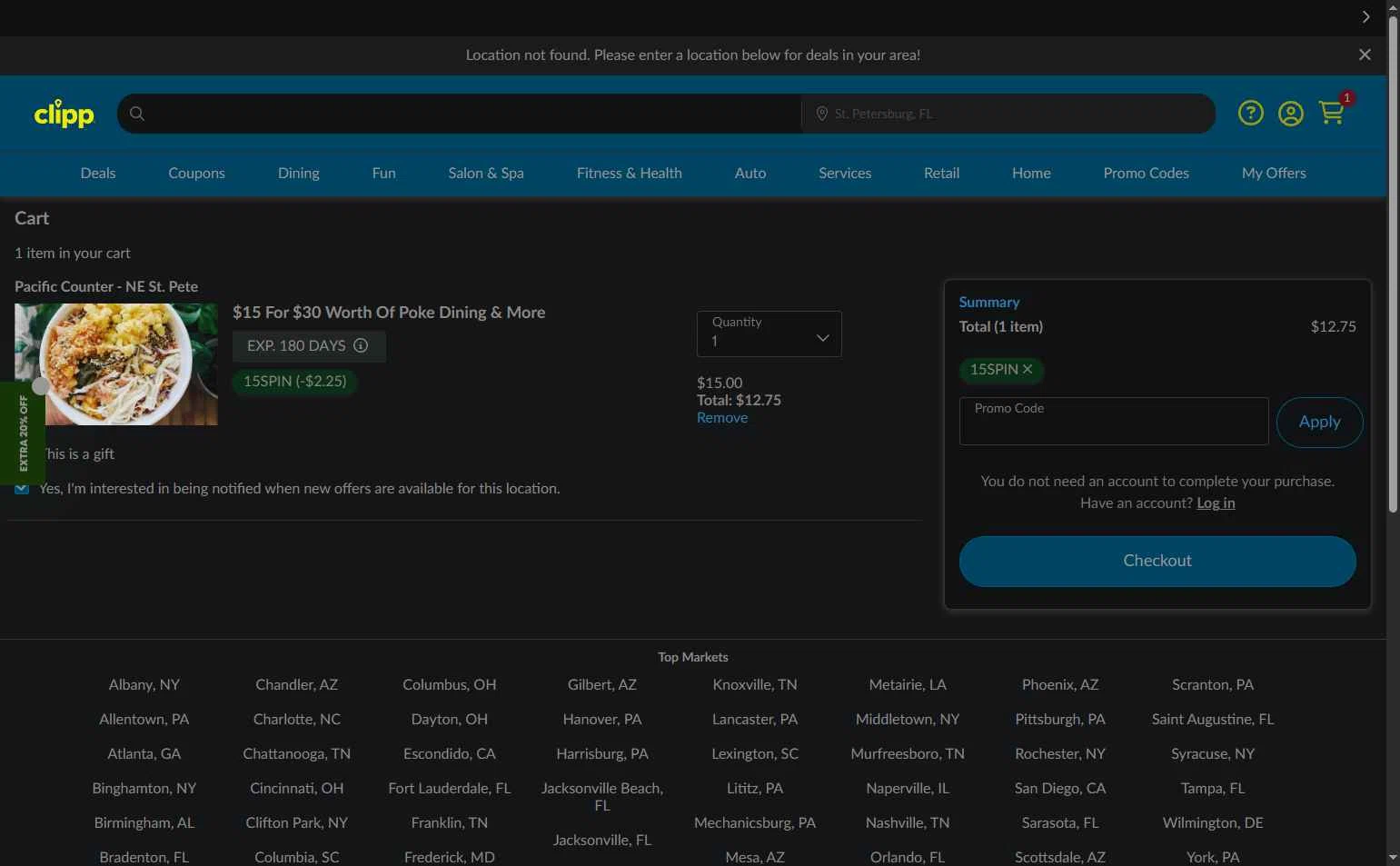 Clipp.com checkout page showing Clipp.com promo code box | Screenshot taken by SimplyCodes community member on Dec 6, 2025
