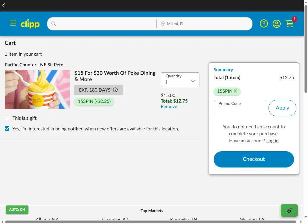 Clipp.com checkout page showing Clipp.com promo code box | Screenshot taken by SimplyCodes community member on Dec 17, 2025